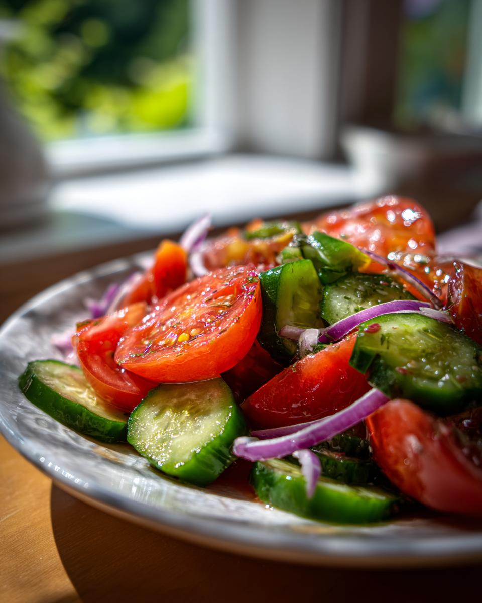 Close-up of a vibrant cucumber tomato salad with sliced red onion, glistening with dressing.