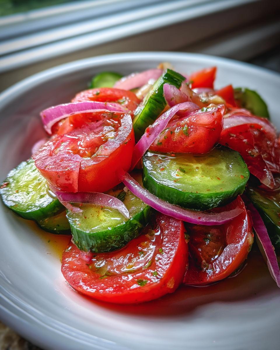 Close-up of a vibrant cucumber tomato salad featuring sliced tomatoes, cucumbers, and red onion tossed in a light dressing.
