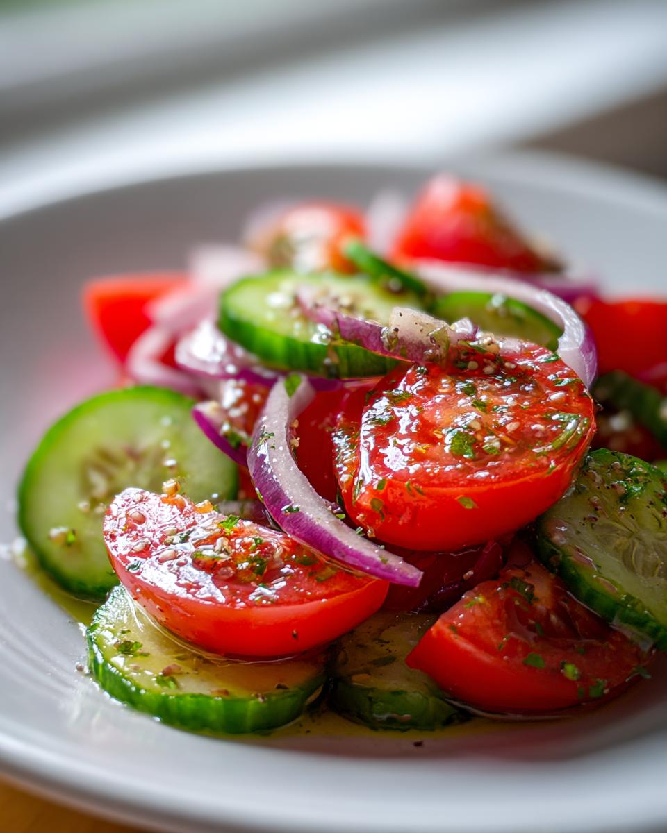 Close-up of a fresh cucumber tomato salad featuring sliced tomatoes, cucumbers, and red onion tossed in a light vinaigrette.