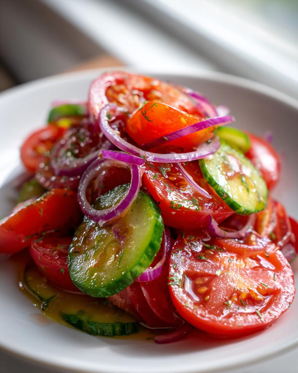 Close-up of a refreshing cucumber tomato salad featuring sliced tomatoes, cucumbers, and bright red onion rings, glistening with dressing.