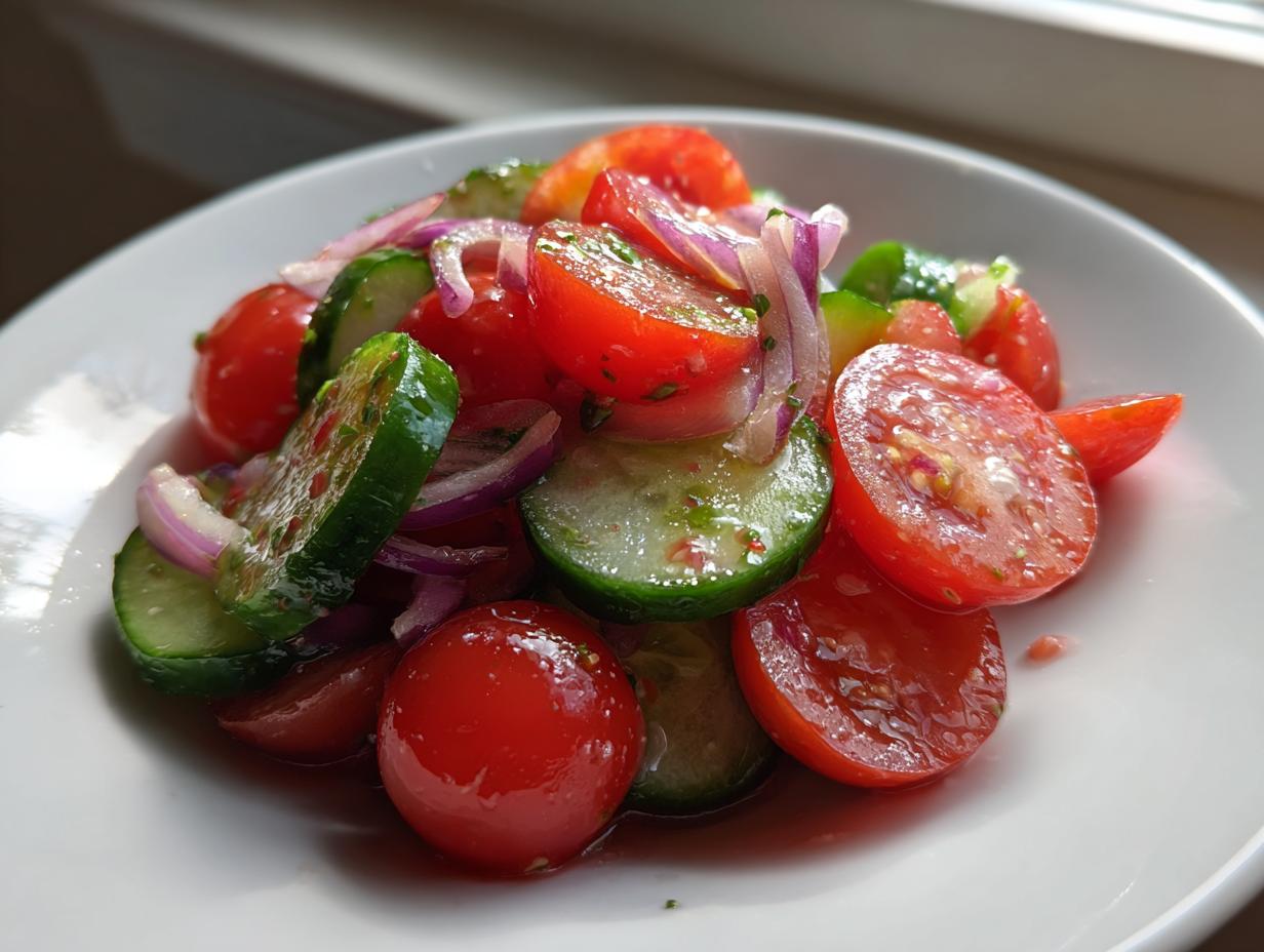 Close-up of a vibrant cucumber tomato salad featuring sliced cherry tomatoes, cucumbers, and red onion.