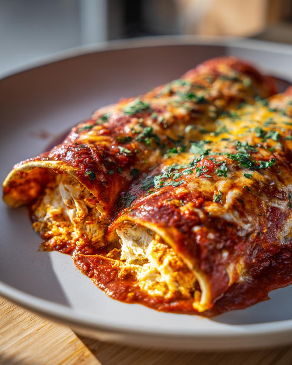 Close-up of two rolled easy chicken enchiladas covered in red sauce, melted cheese, and fresh cilantro.