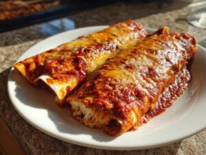 Two freshly baked easy chicken enchiladas covered in rich red sauce and melted cheese, served on a white plate.