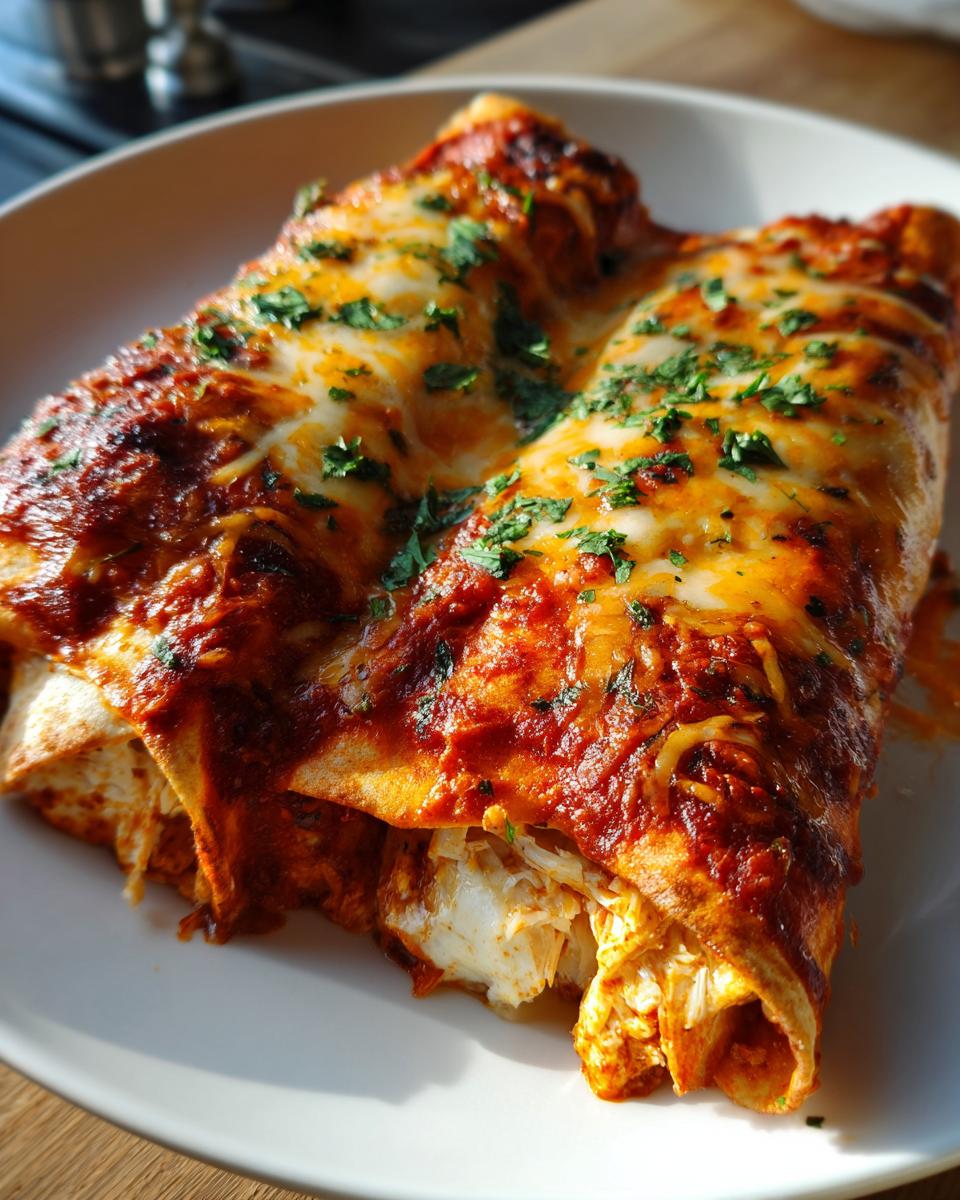 Two baked easy chicken enchiladas covered in red sauce and melted cheese, garnished with fresh parsley.