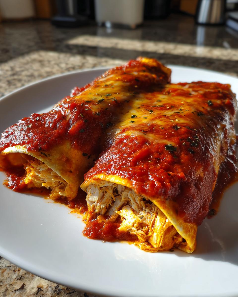 Two rolled tortillas filled with shredded chicken, smothered in red enchilada sauce and melted cheese, making for easy chicken enchiladas.