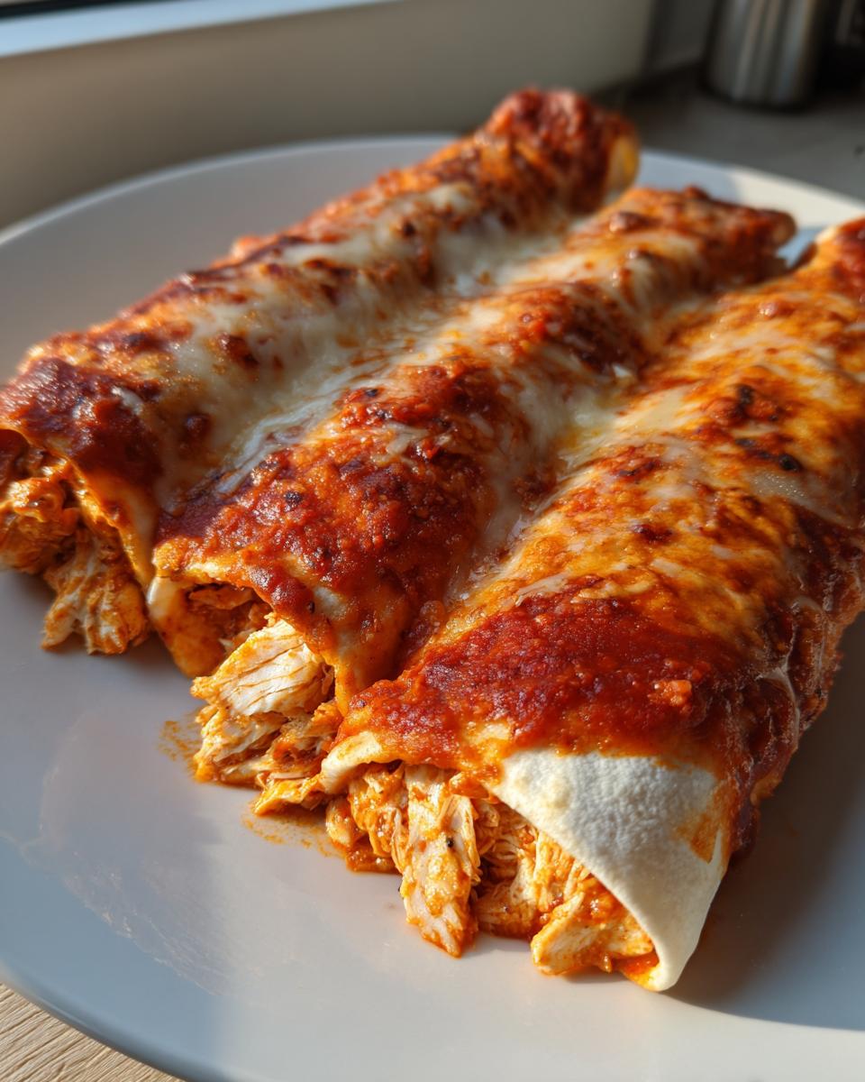 Three baked easy chicken enchiladas covered in red sauce and melted cheese, showing shredded chicken filling spilling out.