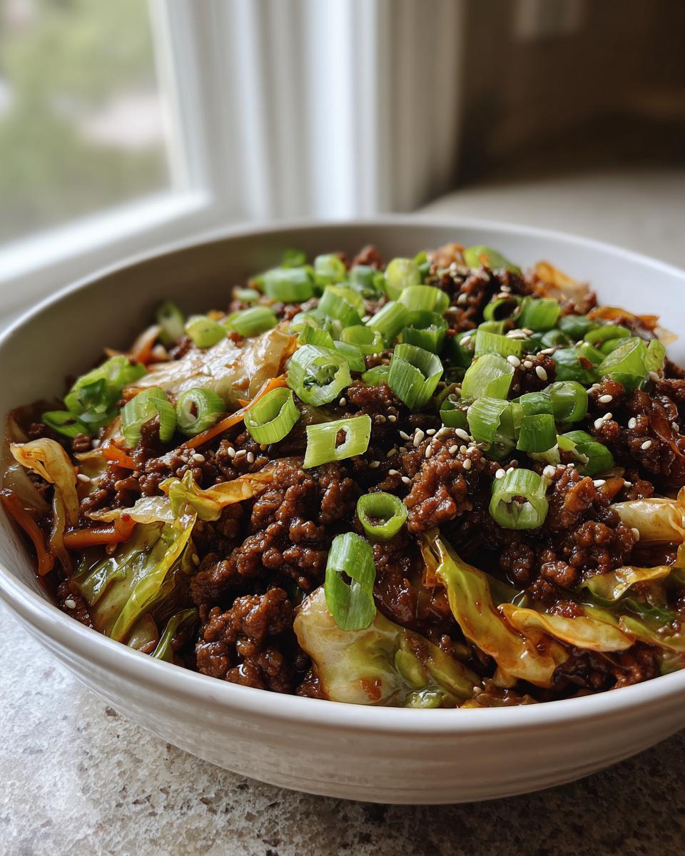 Close-up of a savory egg roll in a bowl with ground meat, cabbage, and a generous topping of fresh green onions and sesame seeds.