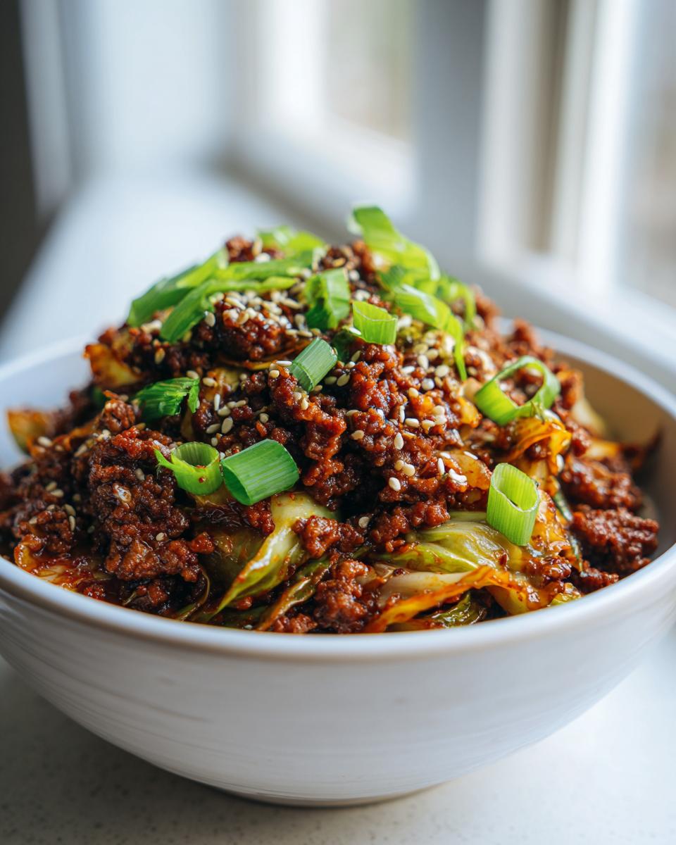 A close-up of a white bowl filled with savory egg roll in a bowl, topped with ground meat mixture, sesame seeds, and sliced green onions.