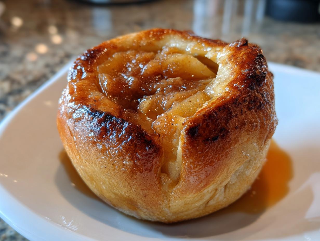 Close-up of a perfectly baked apples dessert, golden brown and glistening with caramel sauce.