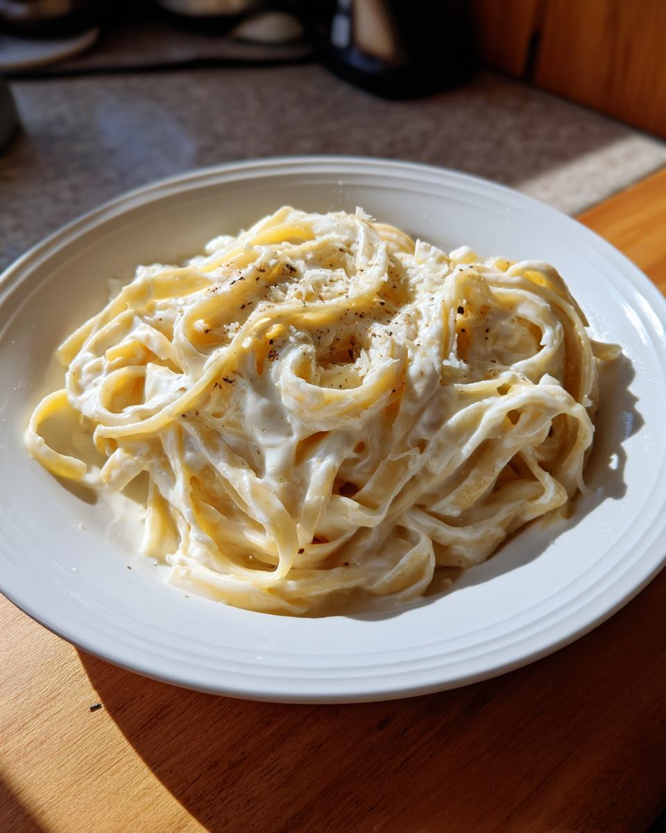A close-up of fettuccine pasta coated in rich, creamy olive garden alfredo sauce and topped with grated Parmesan cheese and black pepper.