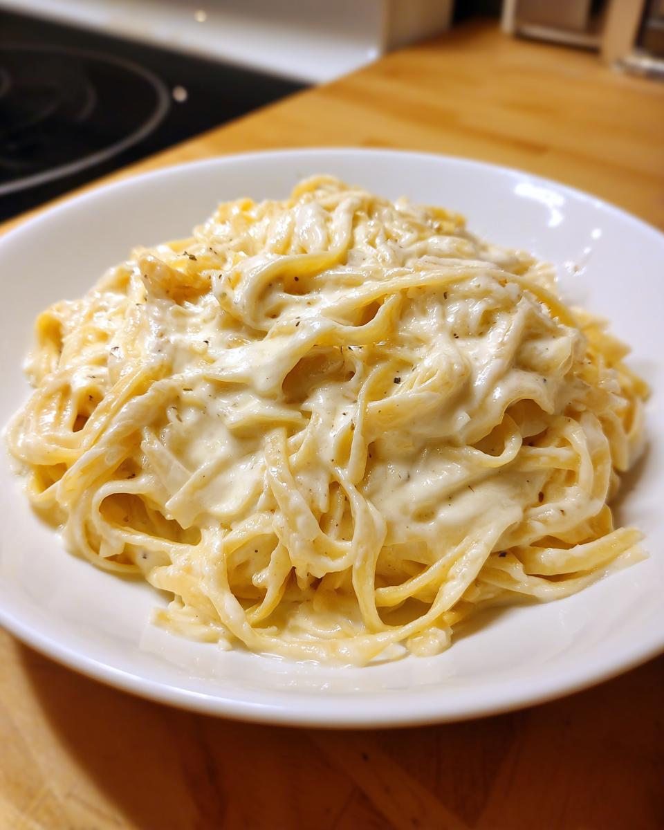 Close-up of fettuccine pasta generously coated in rich, creamy olive garden alfredo sauce.