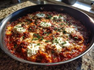 Close-up of a bubbling, cheesy skillet lasagna topped with dollops of ricotta and fresh parsley.