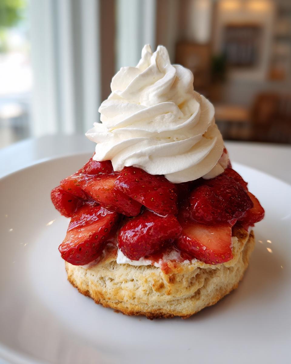 A close-up of a flaky biscuit shortcake topped with macerated strawberries and a swirl of whipped cream.