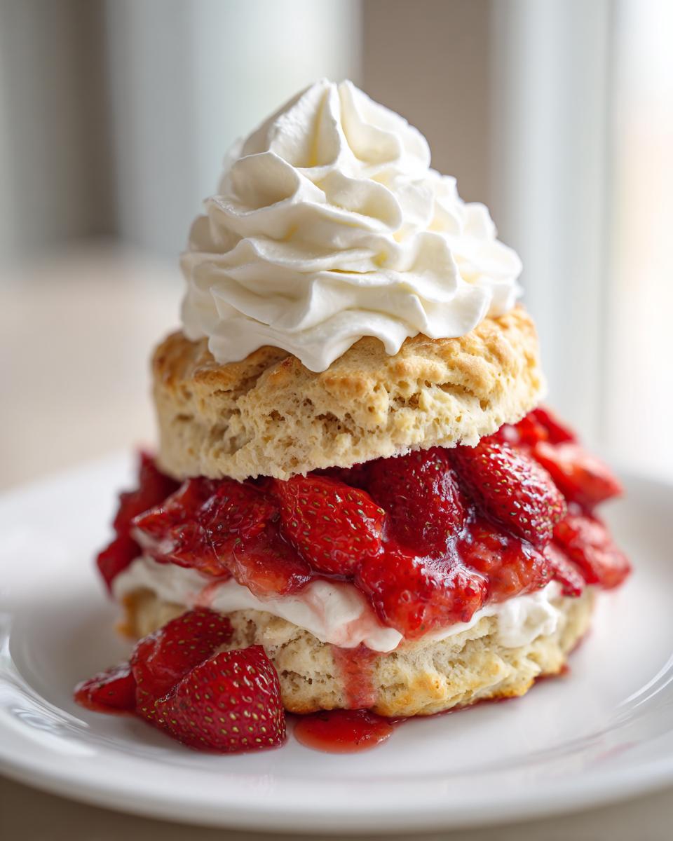 A tall, flaky biscuit shortcake layered with macerated strawberries and topped with a swirl of whipped cream.