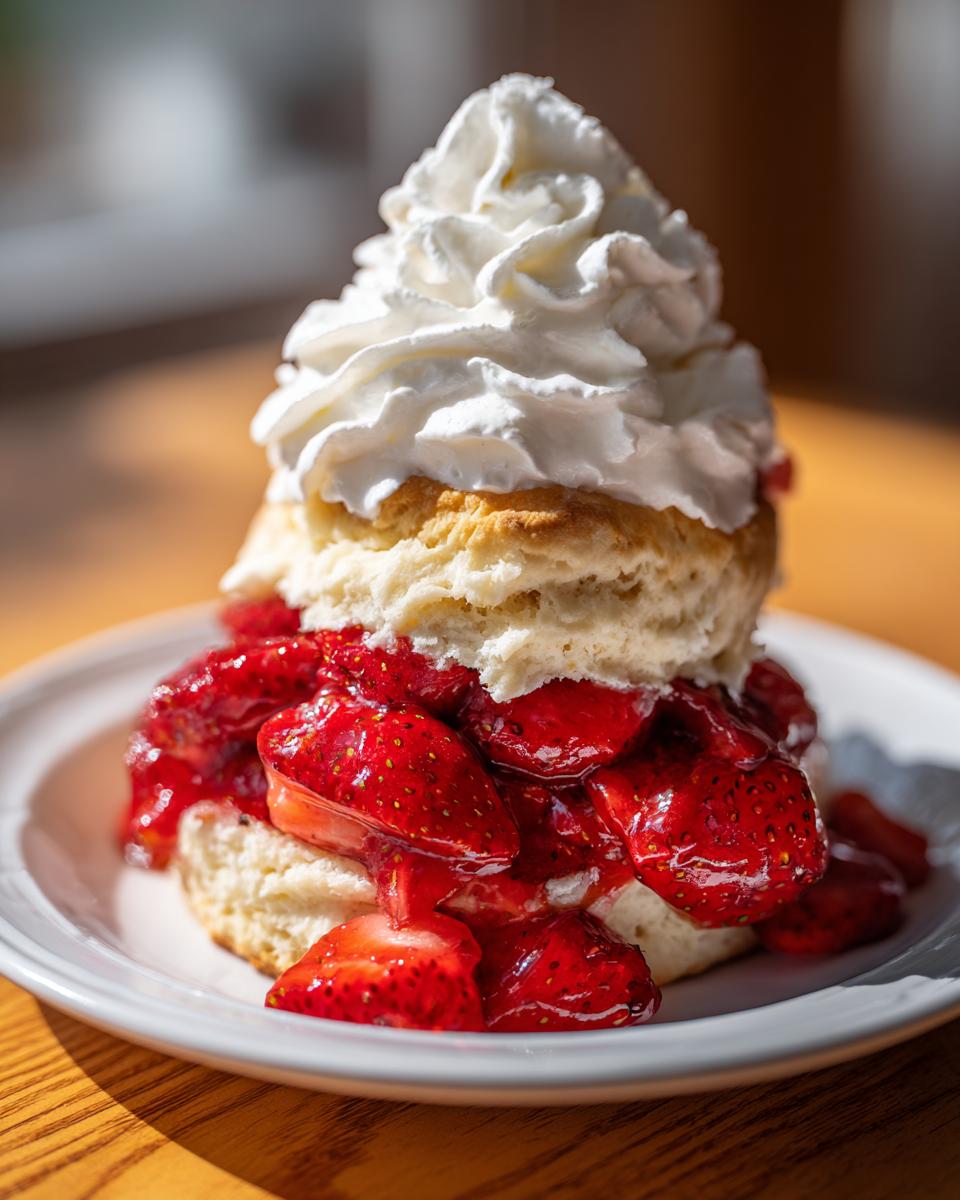 Close-up of a fluffy biscuit split and filled with macerated strawberries, topped high with whipped cream, a perfect shortcake.