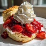 Close-up of a fluffy biscuit shortcake topped with macerated strawberries and a swirl of whipped cream.