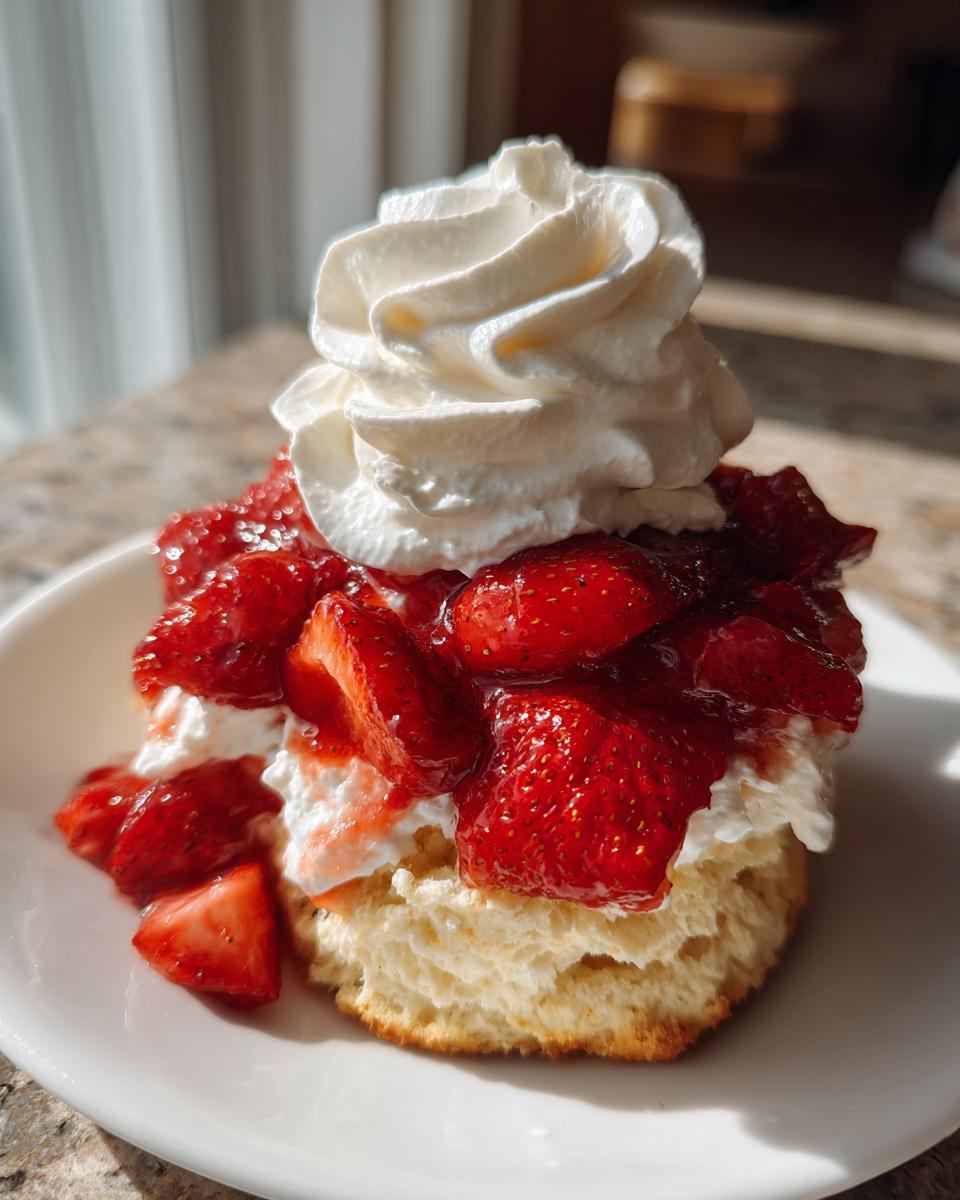 Close-up of a flaky biscuit shortcake topped with macerated strawberries and a swirl of whipped cream.