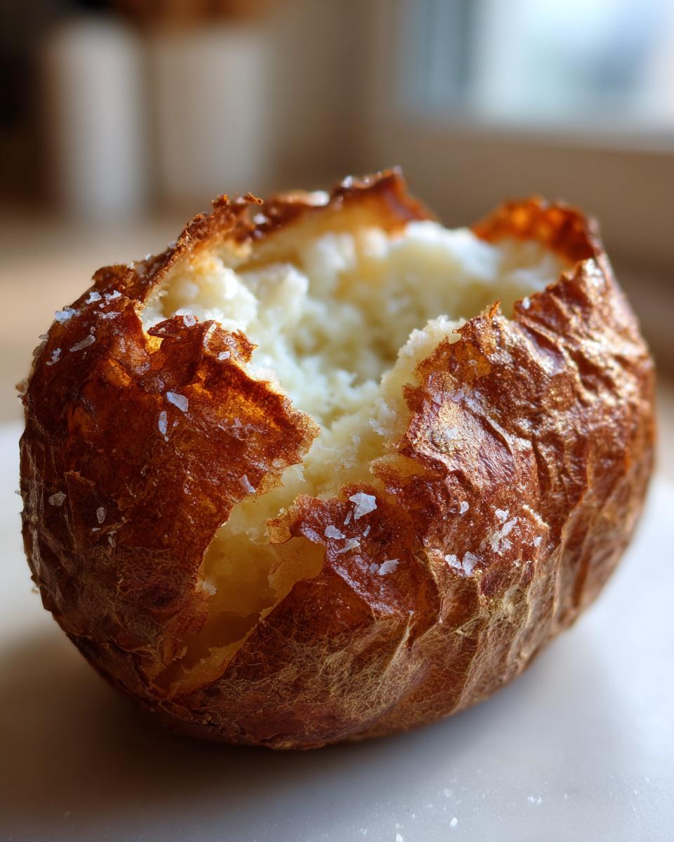 Close-up of a perfectly cooked air fryer baked potato with a split top revealing fluffy interior and coarse salt on the crispy skin.