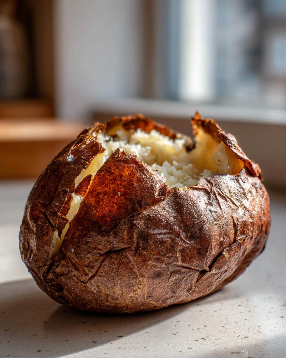 Close-up of a perfectly cooked air fryer baked potato with crispy, dark skin split open to reveal fluffy white interior.