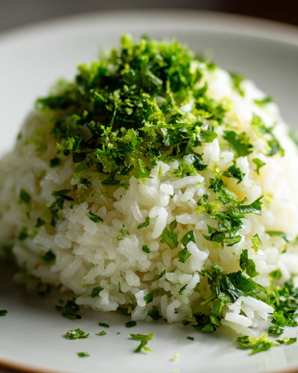 Close-up of fluffy white rice mound generously topped with chopped cilantro and lime zest for cilantro lime rice.