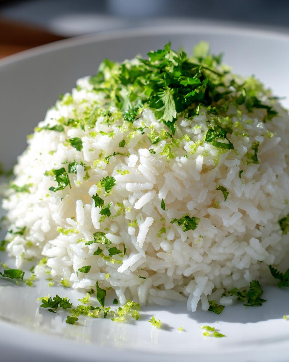 A mound of fluffy white cilantro lime rice topped with fresh chopped cilantro and bright green lime zest.