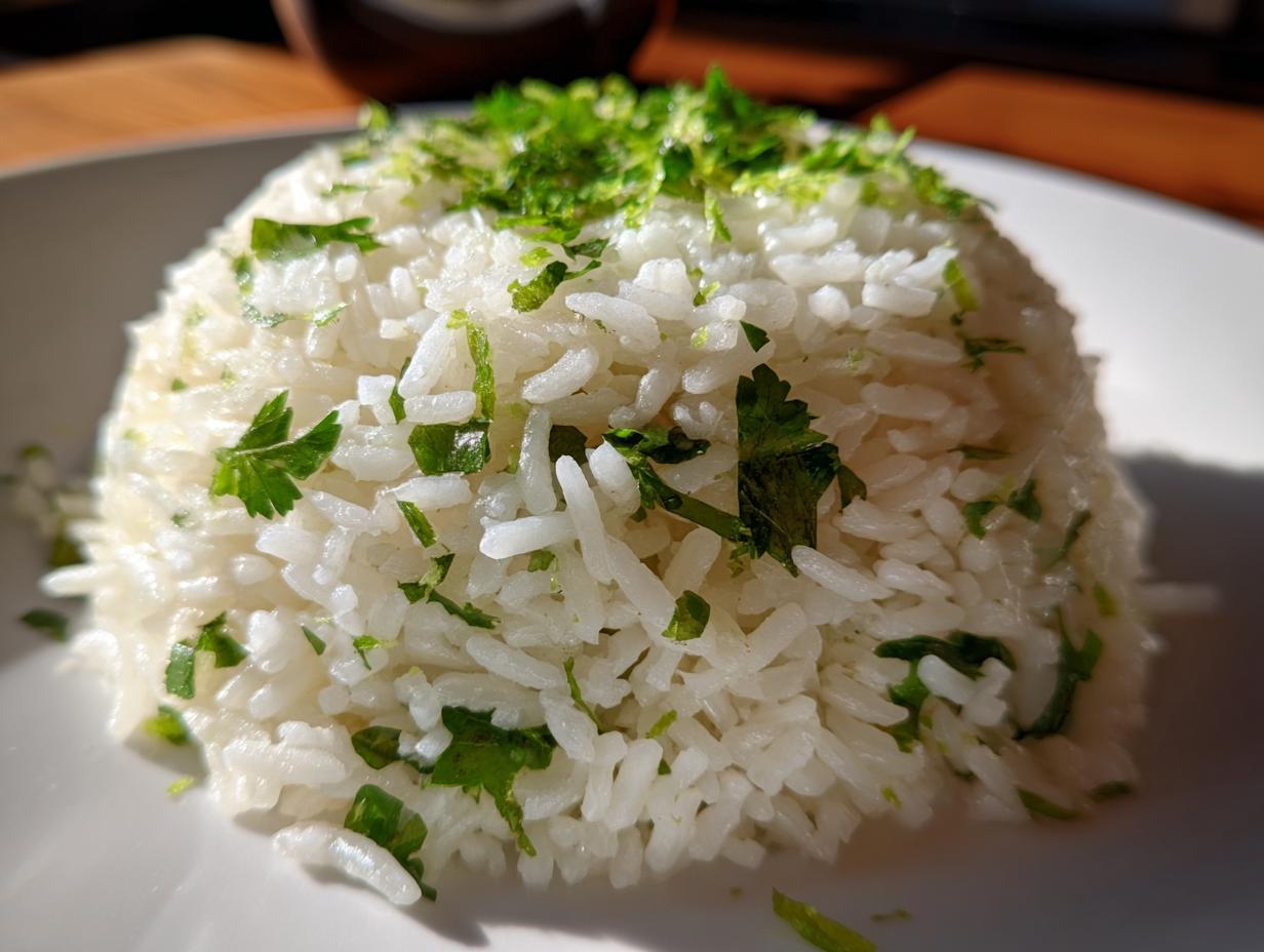 Close-up of a perfectly molded mound of fluffy cilantro lime rice, topped with fresh cilantro and lime zest.