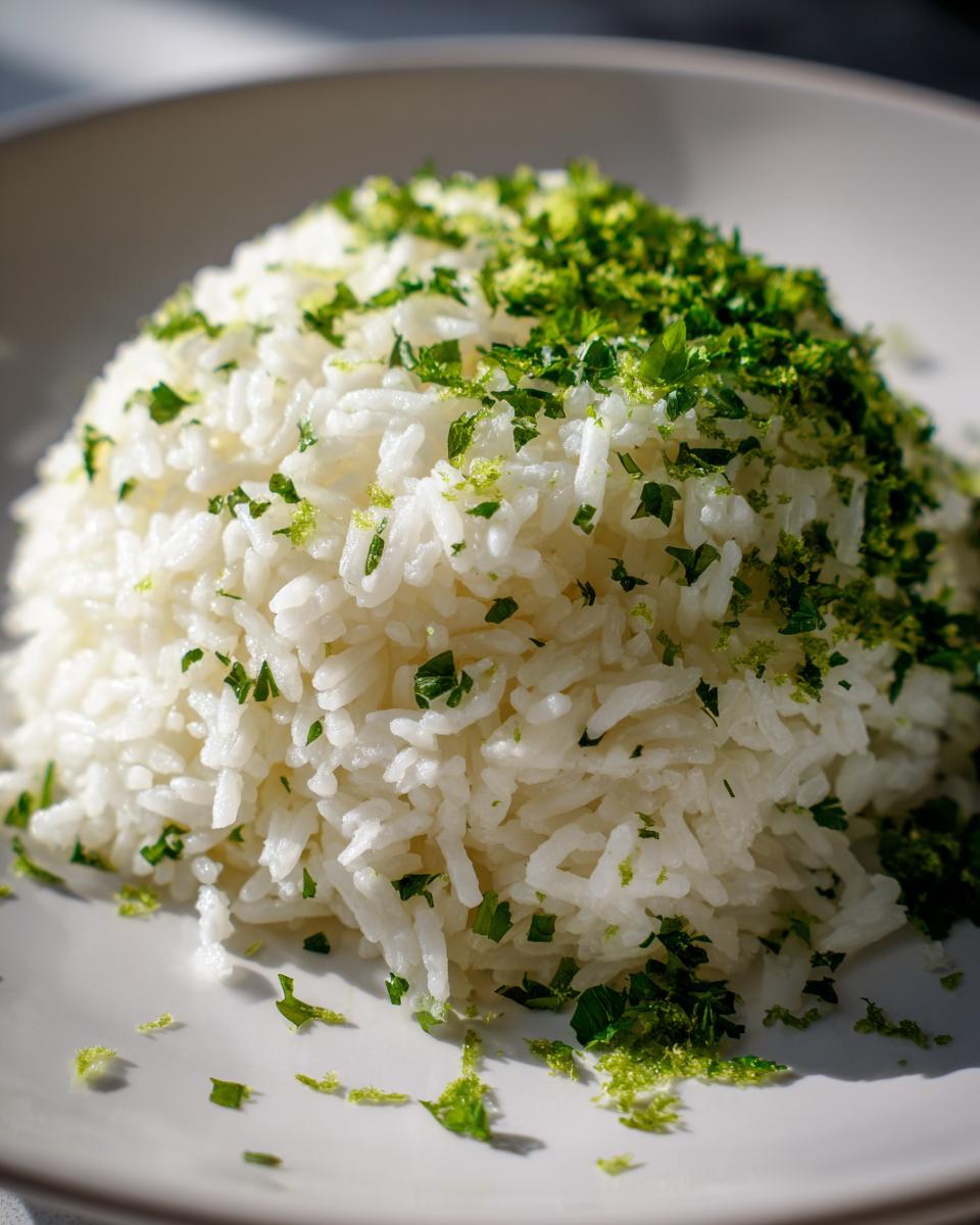 A mound of fluffy white cilantro lime rice topped generously with chopped cilantro and bright green lime zest.