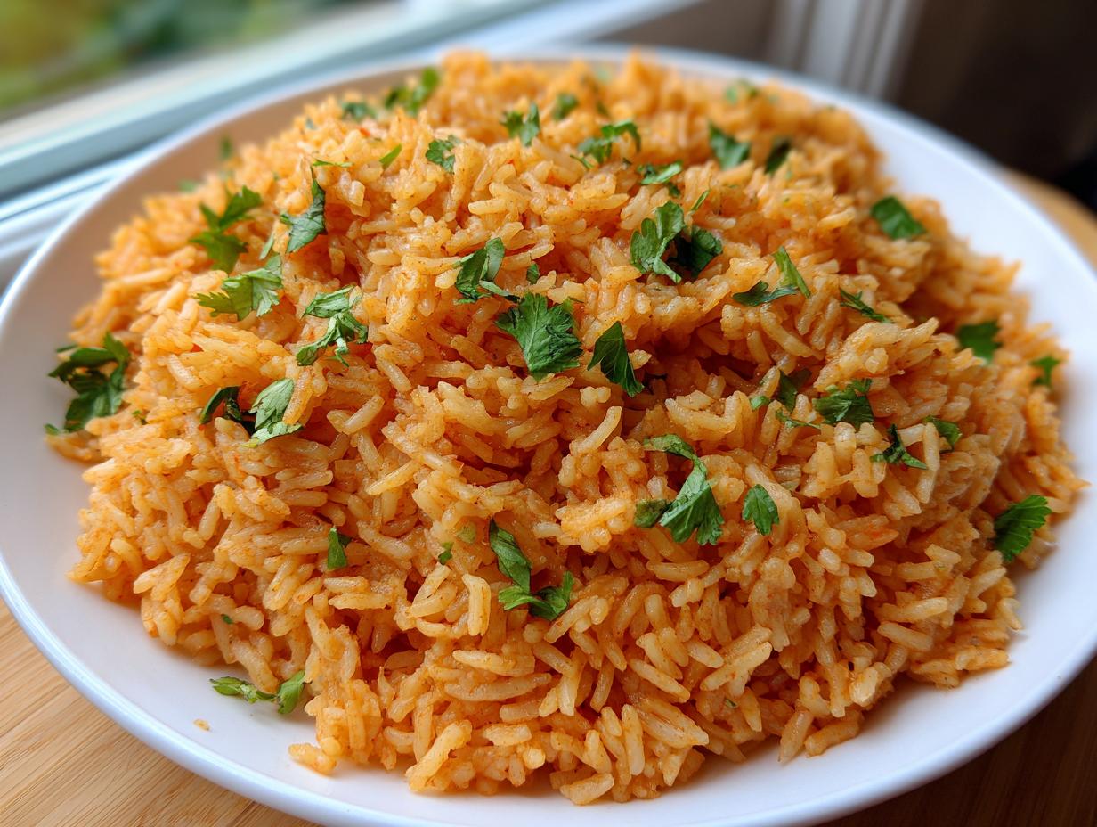 A close-up of fluffy, orange-hued Spanish rice served on a white plate and garnished with fresh cilantro.