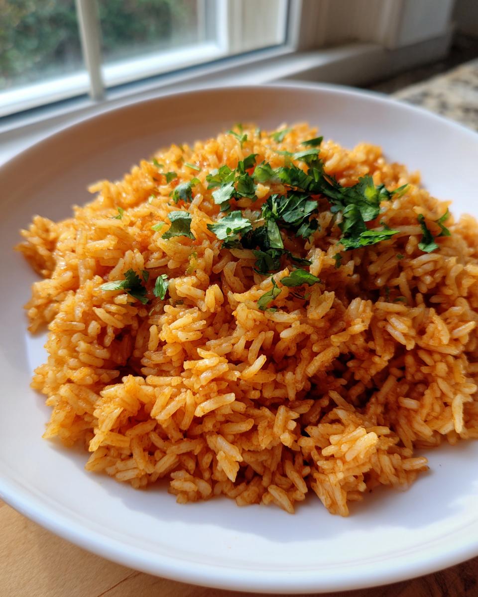 A close-up of fluffy, orange-colored Spanish rice topped with chopped fresh cilantro in a white bowl.
