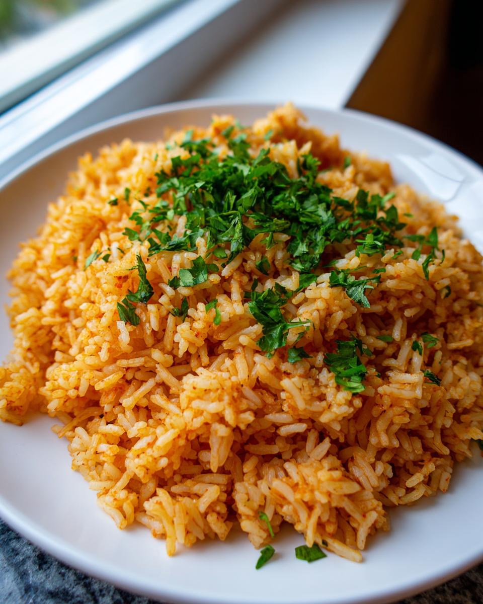 A close-up of fluffy, orange-tinted Spanish rice served on a white plate and topped with fresh chopped parsley.