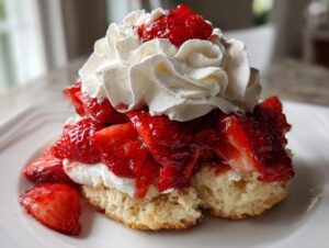 Close-up of a fluffy biscuit shortcake topped with macerated strawberries and a generous swirl of whipped cream.