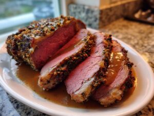Close-up of a perfectly cooked, medium-rare rib roast, sliced and drizzled with rich brown gravy.
