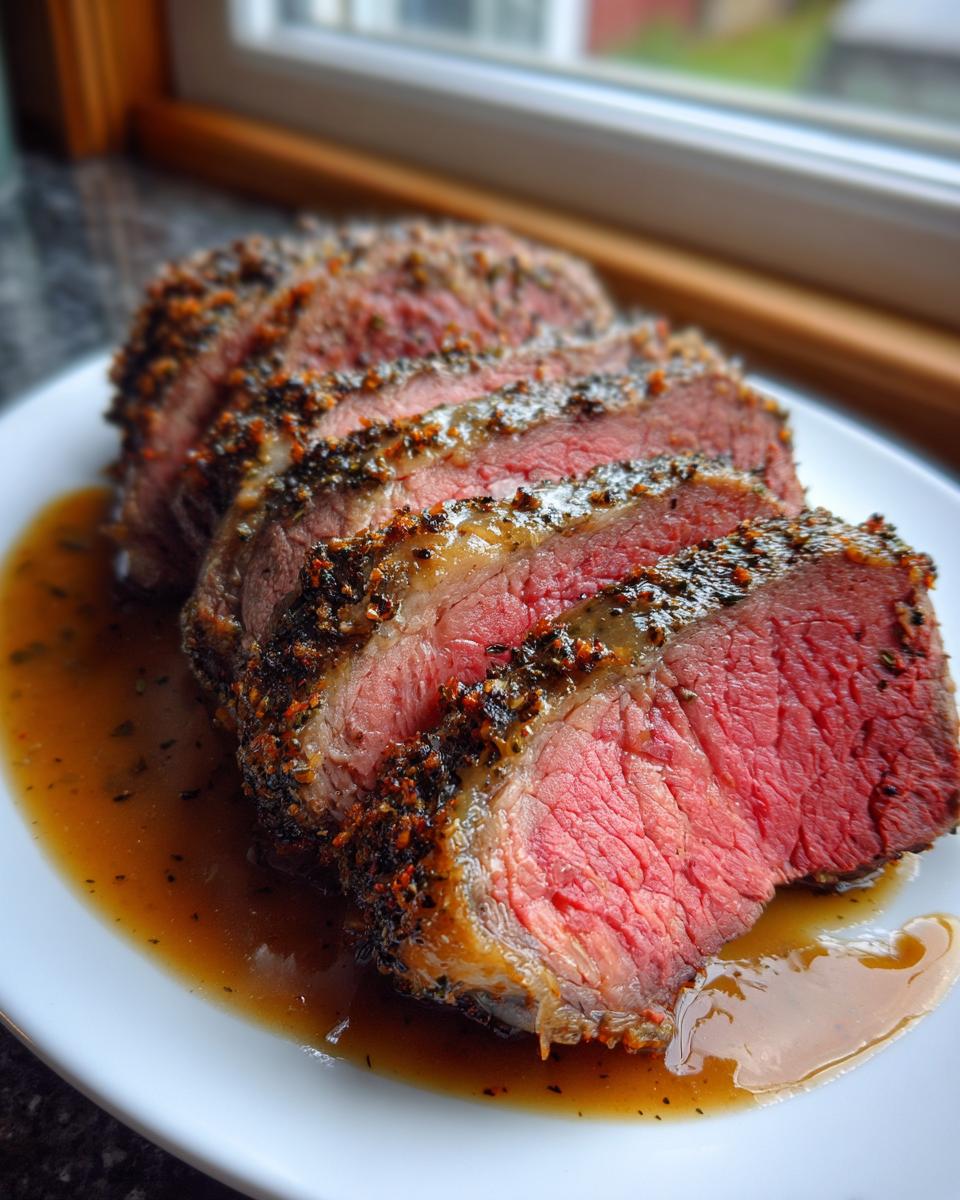 Close-up of perfectly cooked, medium-rare rib roast slices resting in rich au jus on a white plate.