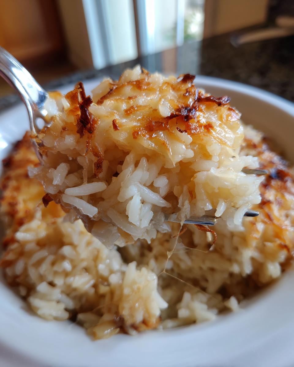 A fork lifting a cheesy, browned portion of french onion butter rice from a white bowl.