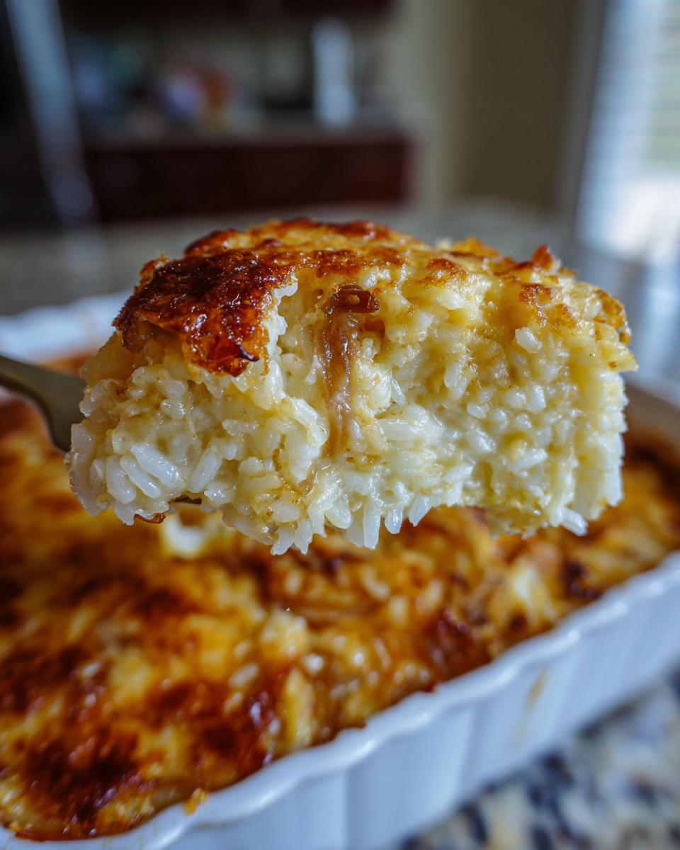 A close-up shot showing a scoop of creamy french onion butter rice being lifted from a white baking dish, featuring a golden-brown, cheesy top.