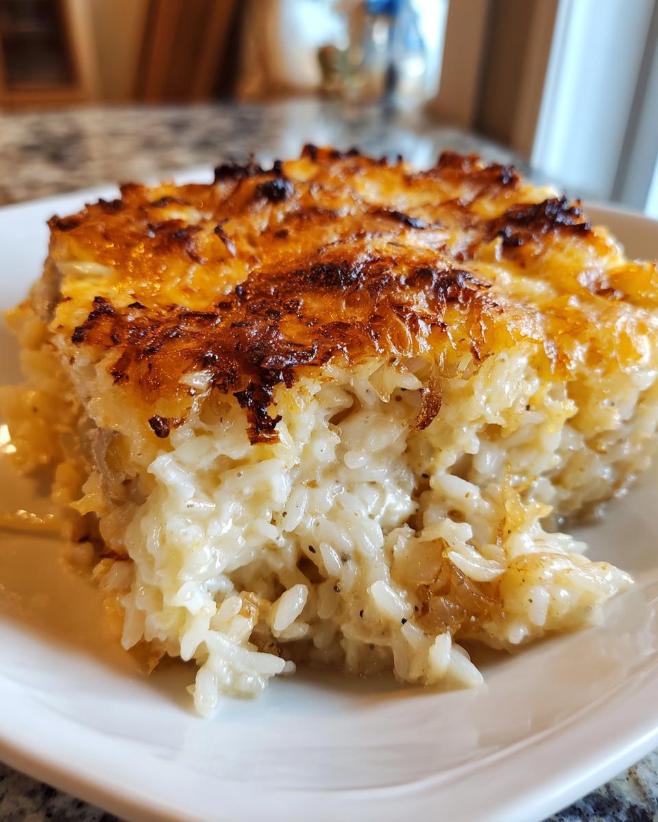 Close-up of a serving of creamy french onion butter rice with a beautifully browned and slightly crispy cheese topping.