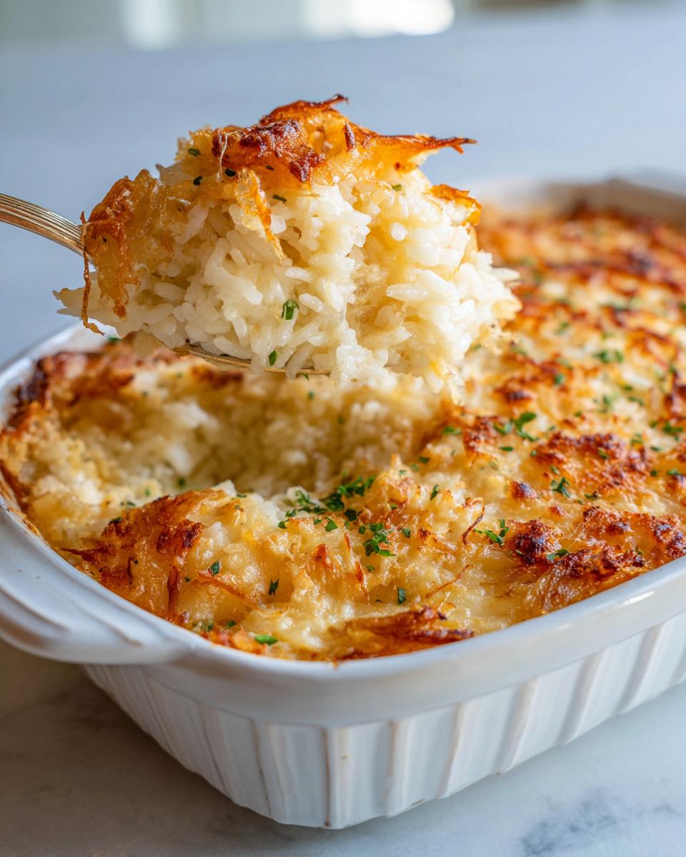 A spoonful of creamy french onion butter rice lifted from a white baking dish with a golden, cheesy crust.