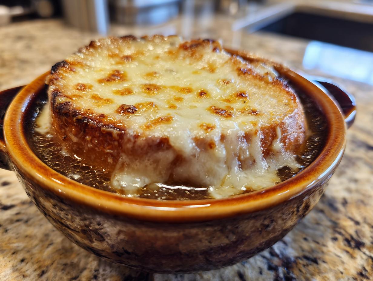 Close-up of a bowl of rich french onion soup recipe topped with a thick slice of toasted bread and melted, bubbly Gruyère cheese.