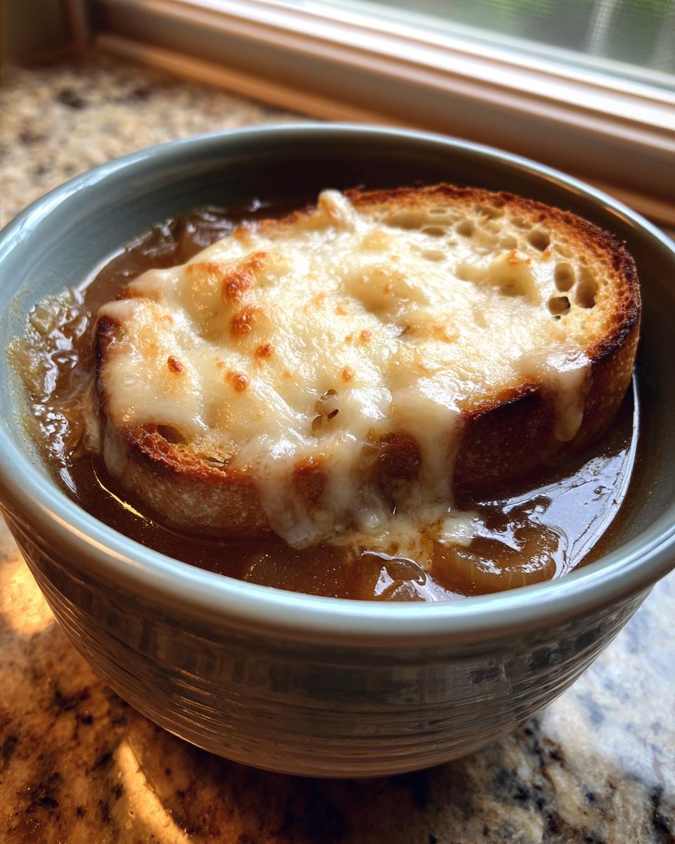 Close-up of a bowl of rich french onion soup recipe topped with a thick slice of toasted bread and melted, bubbly Gruyère cheese.