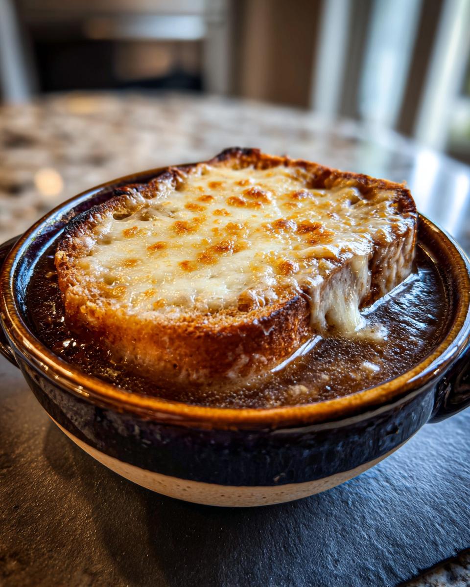 Close-up of a bowl of rich French onion soup topped with a thick, cheesy, broiled crouton.