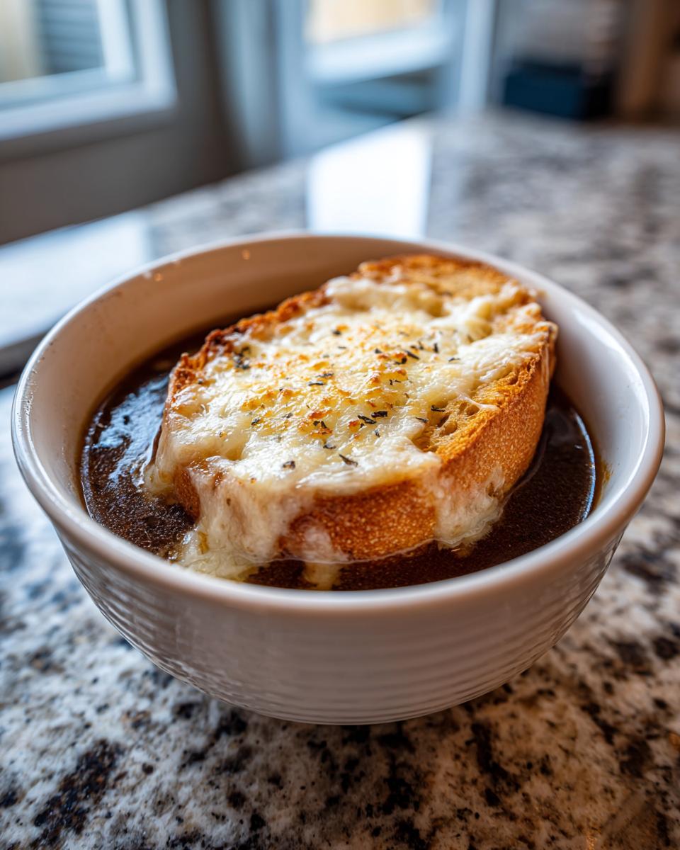 Close-up of a bowl of rich French onion soup recipe topped with a cheesy, toasted crouton.