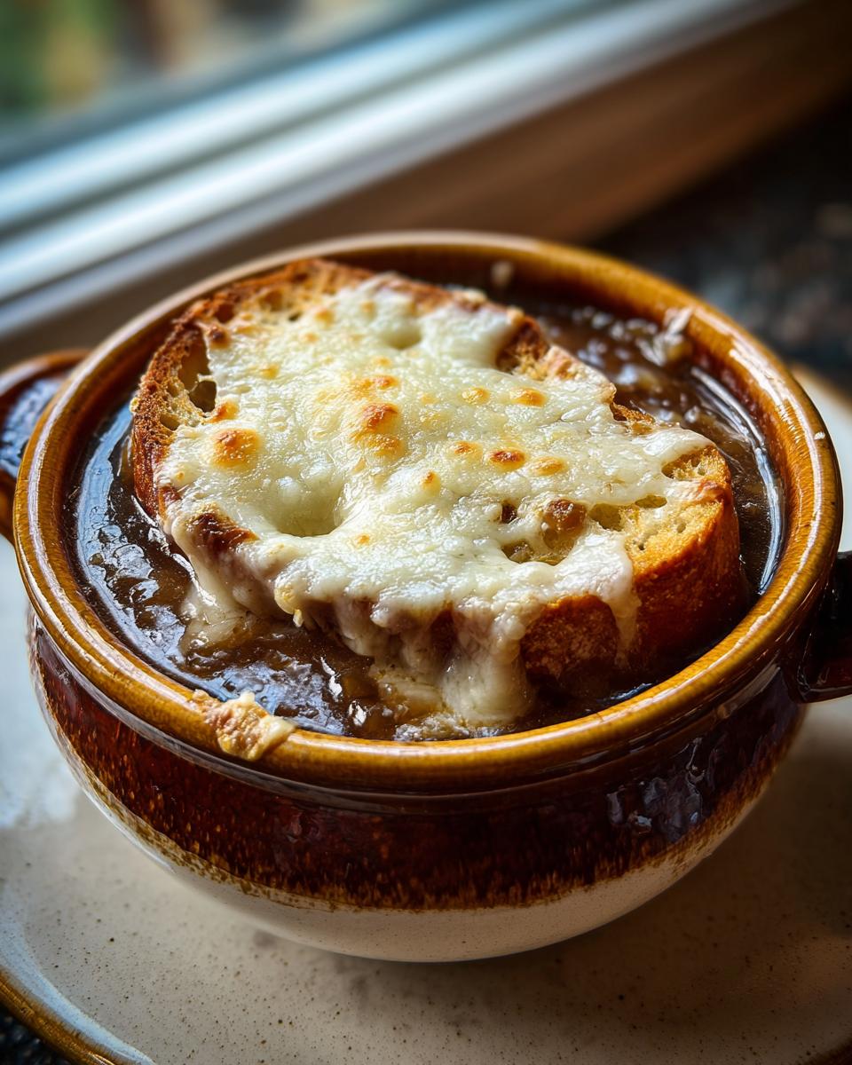A close-up of a steaming bowl of French onion soup recipe topped with a melted, bubbly Gruyère cheese crouton.