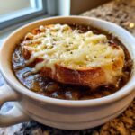 Close-up of a white crock filled with rich french onion soup recipe, topped with a cheesy, toasted crouton.