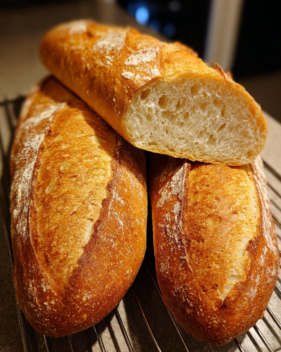 Three loaves of golden-brown, crusty french bread resting on a wire cooling rack, one loaf cut to show the airy interior.