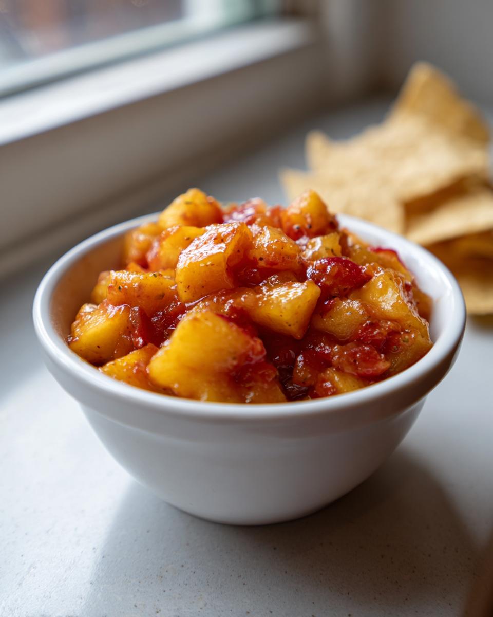 Close-up of chunky homemade peach salsa served in a small white bowl, with tortilla chips visible in the background.