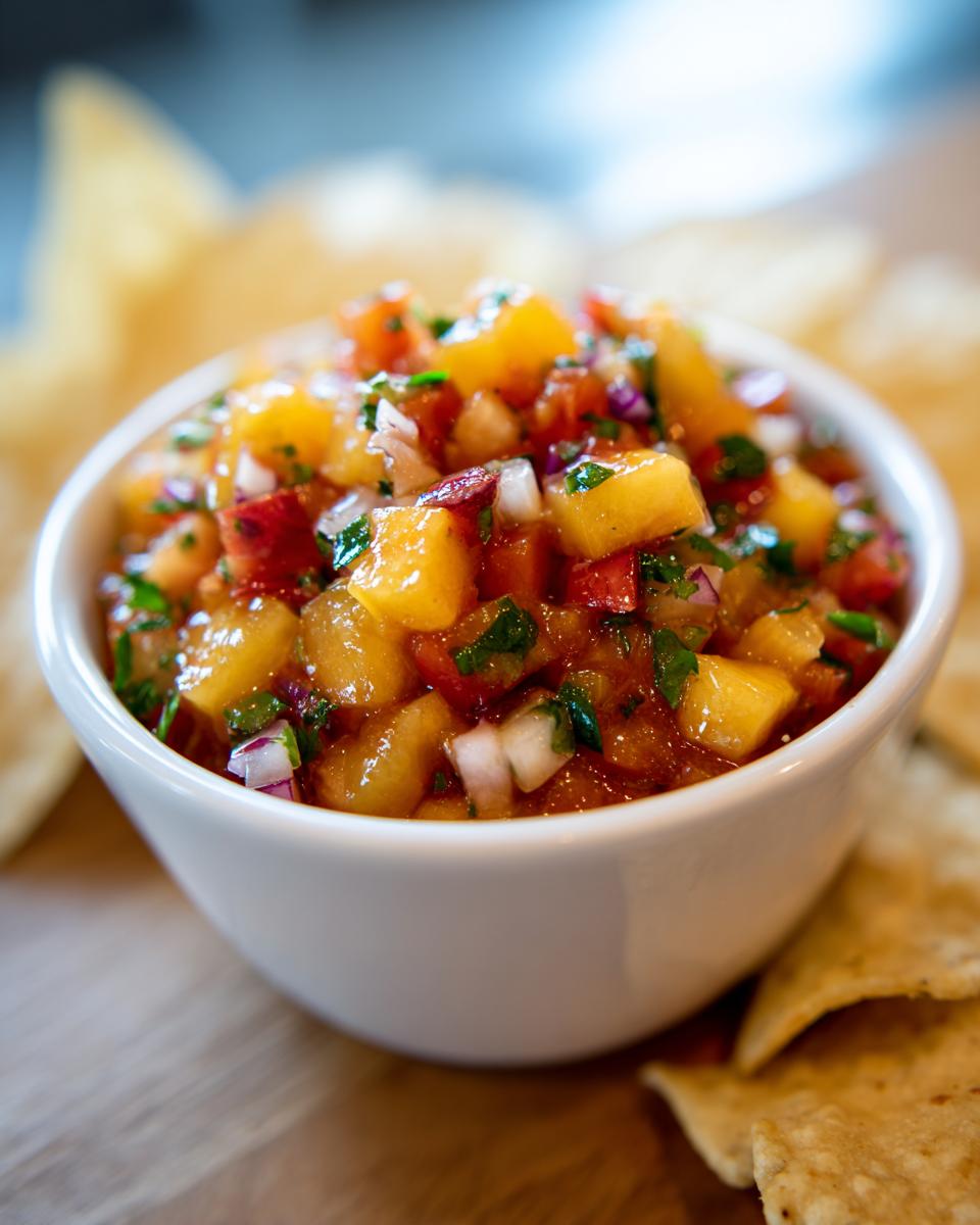 Close-up of vibrant peach salsa, featuring diced peaches, red onion, and cilantro, served in a white bowl surrounded by tortilla chips.