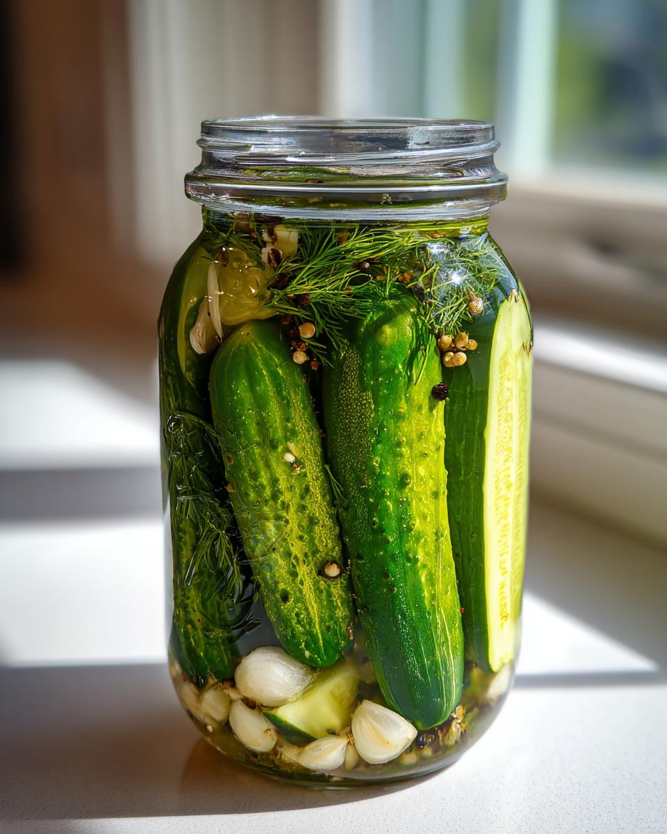 Close-up of fresh cucumbers being made into refrigerator pickles with dill, garlic, and spices in a glass jar.