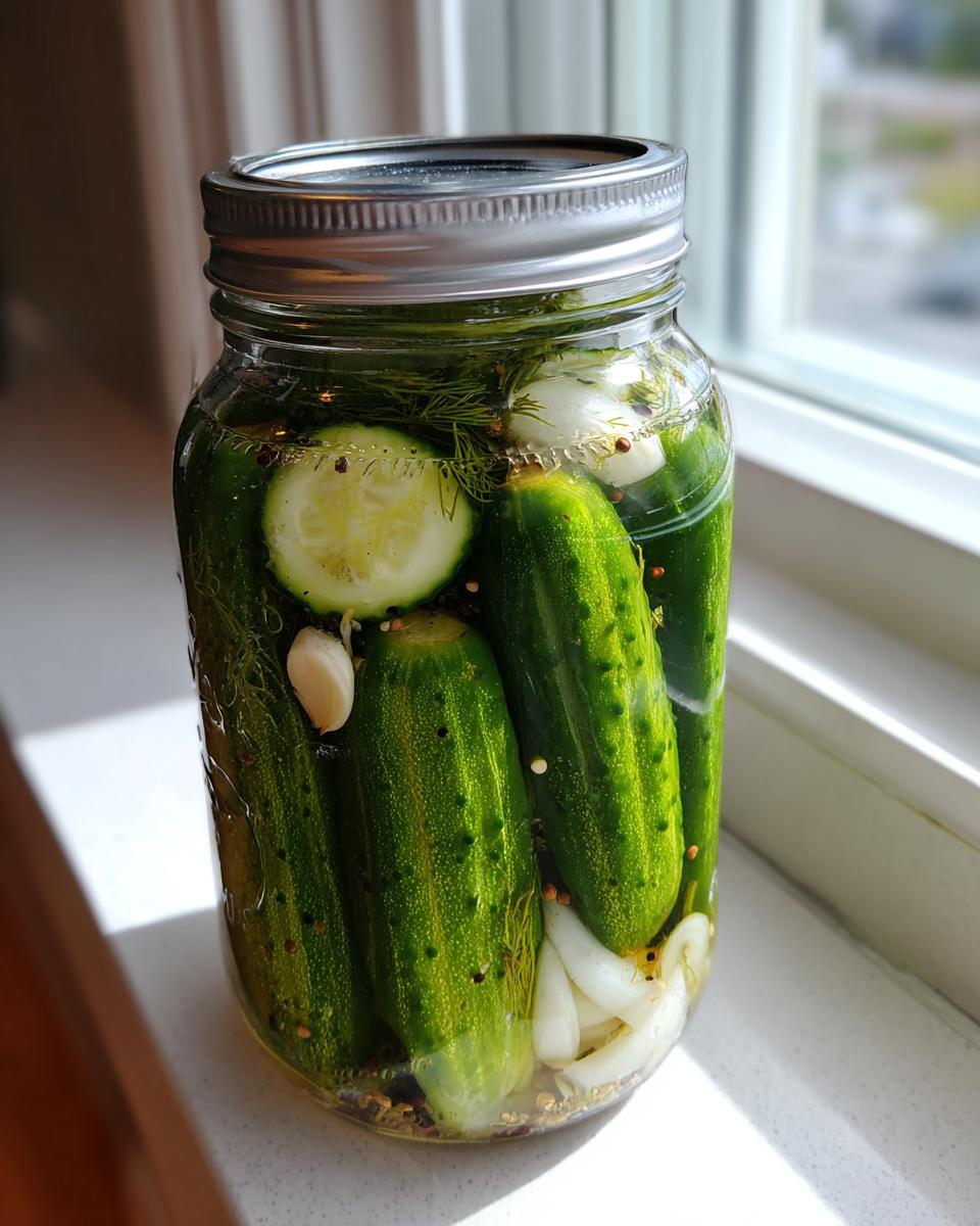 A glass mason jar filled with whole cucumbers, dill, garlic, and onion slices for making refrigerator pickles.