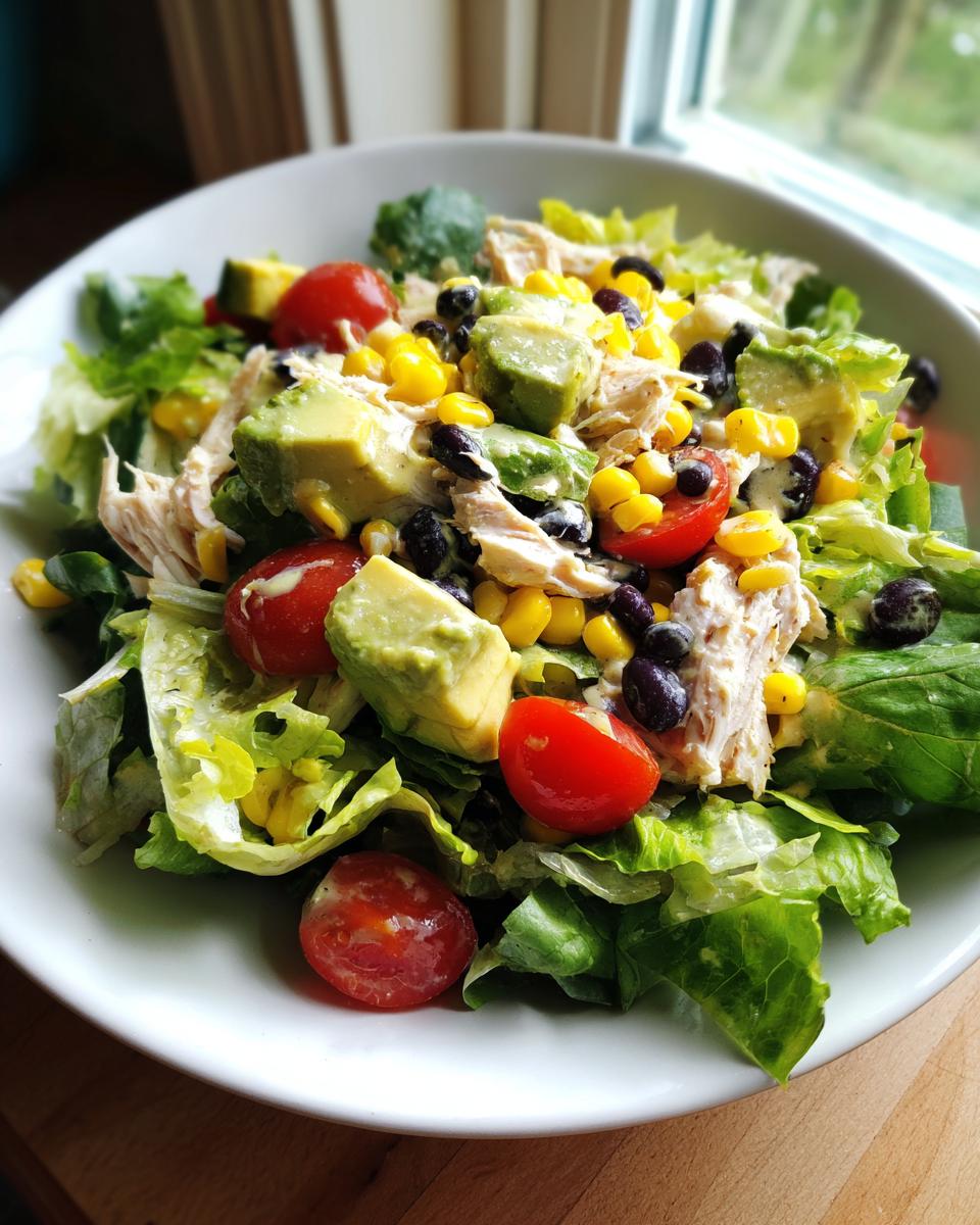A vibrant bowl of southwest salad featuring shredded chicken, avocado chunks, black beans, corn, and cherry tomatoes over lettuce.