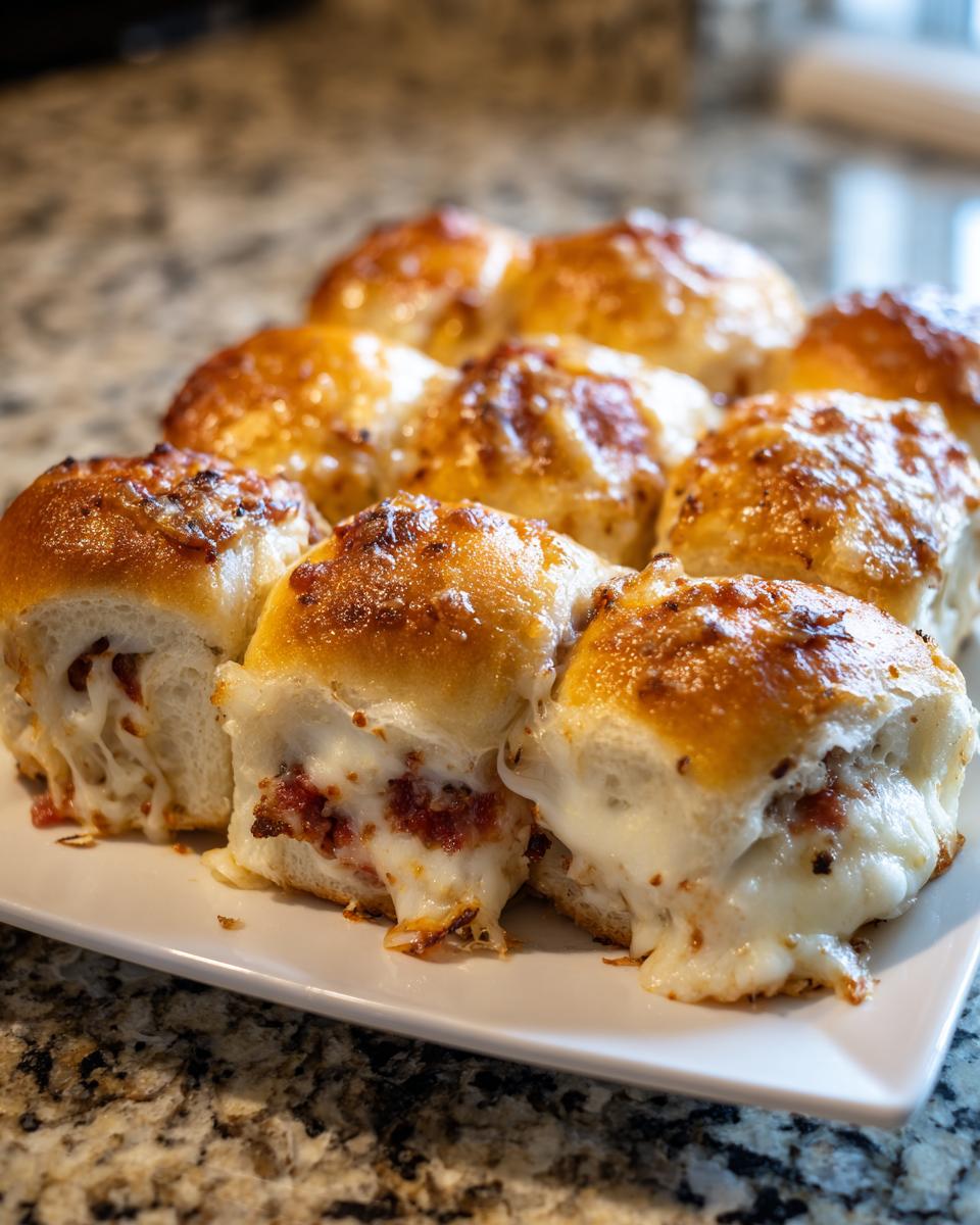Close-up of freshly baked pizza sliders with gooey melted cheese oozing out, served on a white plate.
